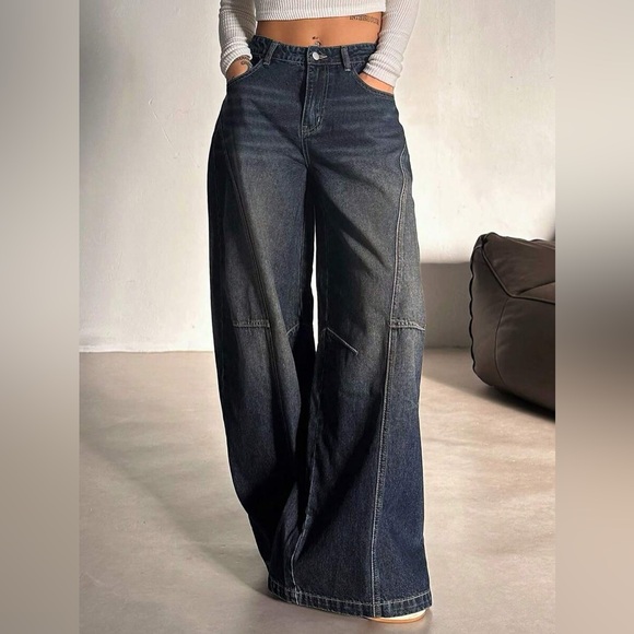 High Rise Wide Leg Baggy Denim Jeans Dark Wash Street Style - Picture 7 of 8